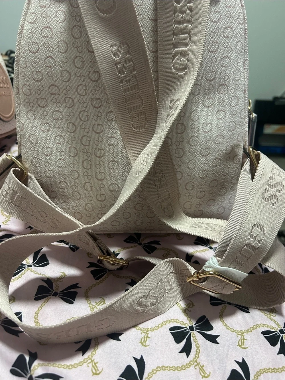 GUESS Light Beige Mini Backpack with Gold Logo